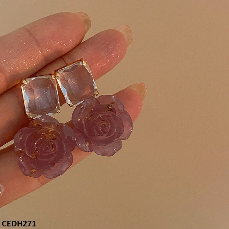 CEDH271 YQG Square Pink Flower Drop Earrings Pair - CEDH