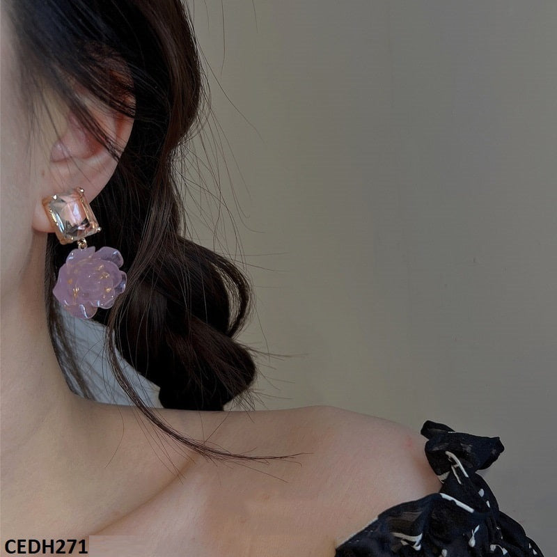 CEDH271 YQG Square Pink Flower Drop Earrings Pair - CEDH