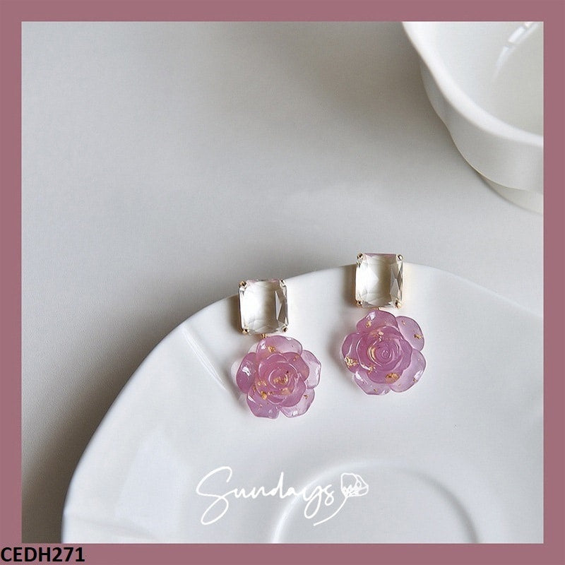 CEDH271 YQG Square Pink Flower Drop Earrings Pair - CEDH