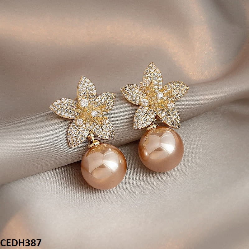 CEDH387 SYB Flower Shinning Pearl Drop Earrings Pair - CEDH