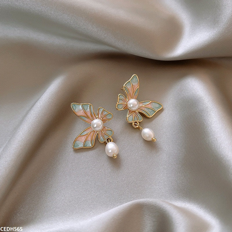 CEDH565 HJF Butterfly Pearl Drop Earrings  - CEDH