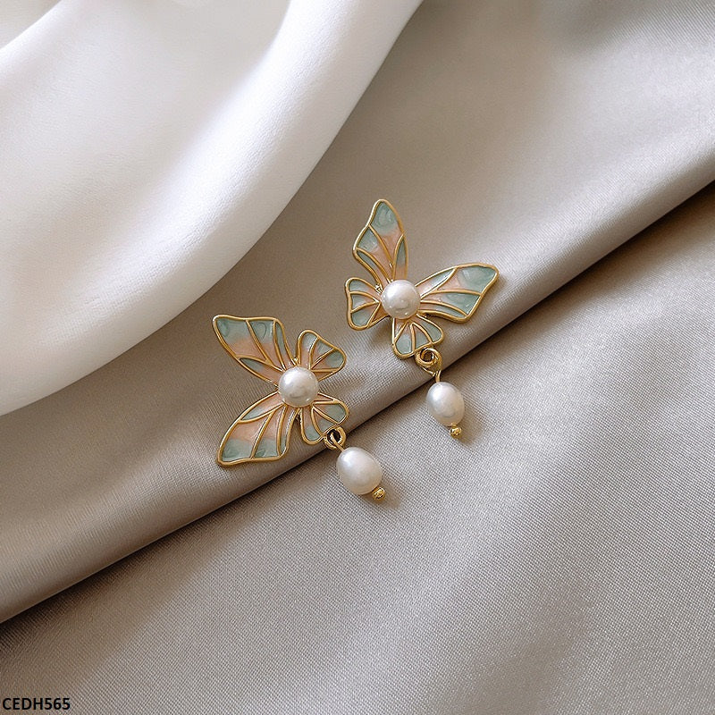 CEDH565 HJF Butterfly Pearl Drop Earrings  - CEDH