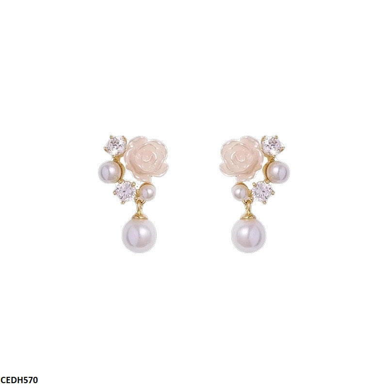 CEDH570 HJF Flower Pearl Drop Earrings  - CEDH