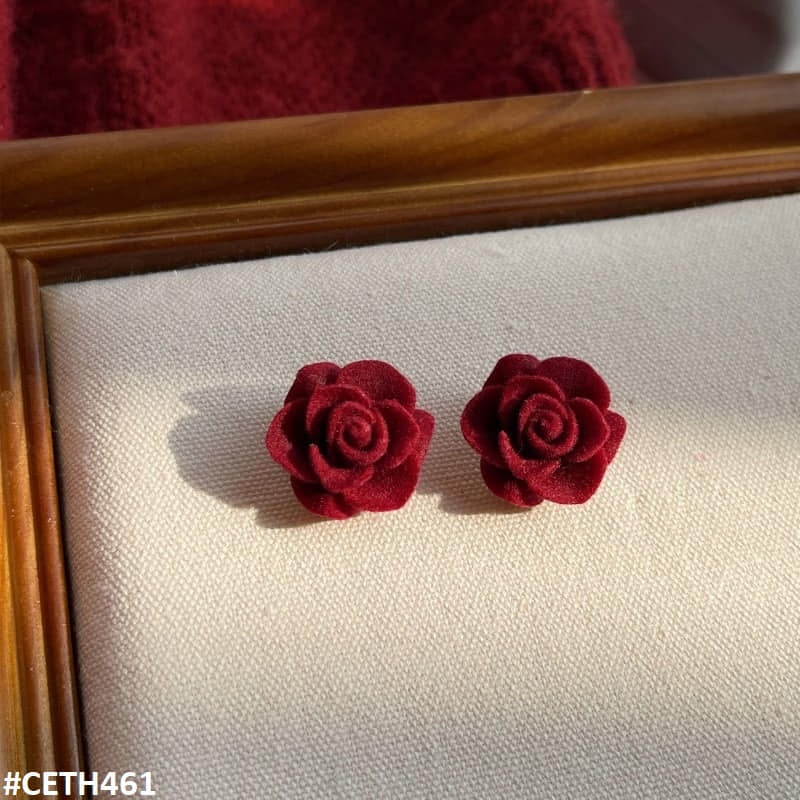 CETH461 ZHL Velvet Red Rose Mini Stud Ear Tops Pair - CETH