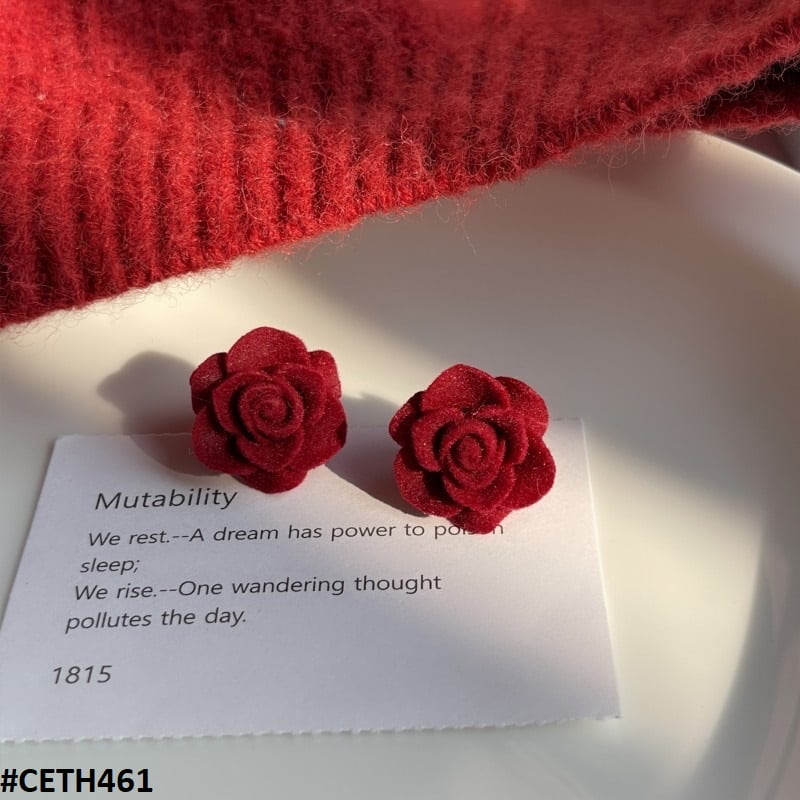 CETH461 ZHL Velvet Red Rose Mini Stud Ear Tops Pair - CETH