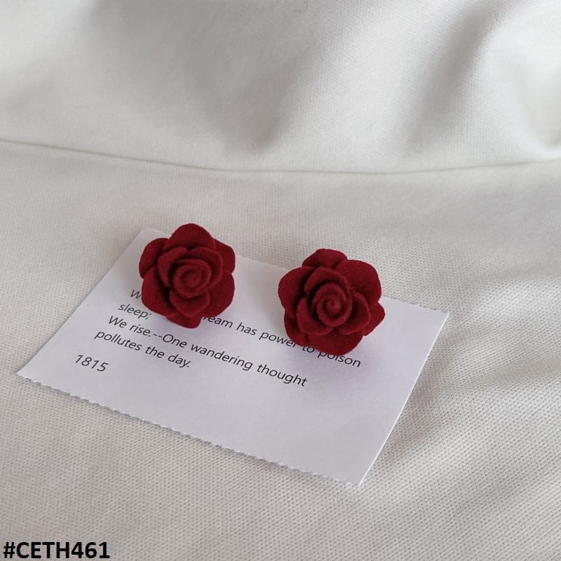 CETH461 ZHL Velvet Red Rose Mini Stud Ear Tops Pair - CETH