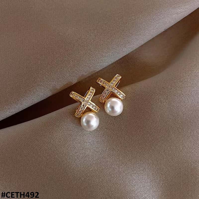 CETH492 BTO  Cross Pearl Stud Tops Pair - CETH