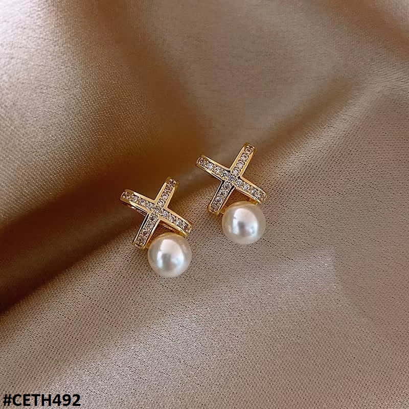 CETH492 BTO  Cross Pearl Stud Tops Pair - CETH