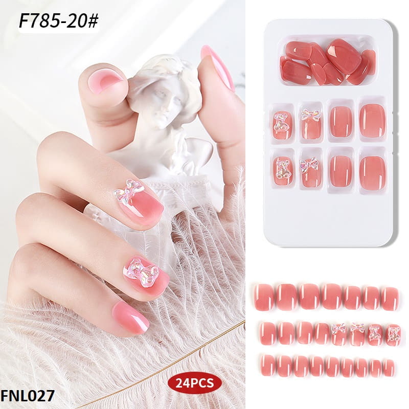 FNL027 PNA Teddy Bear/Tie Style Rounded Fake Nail Set 24Pcs - FNL