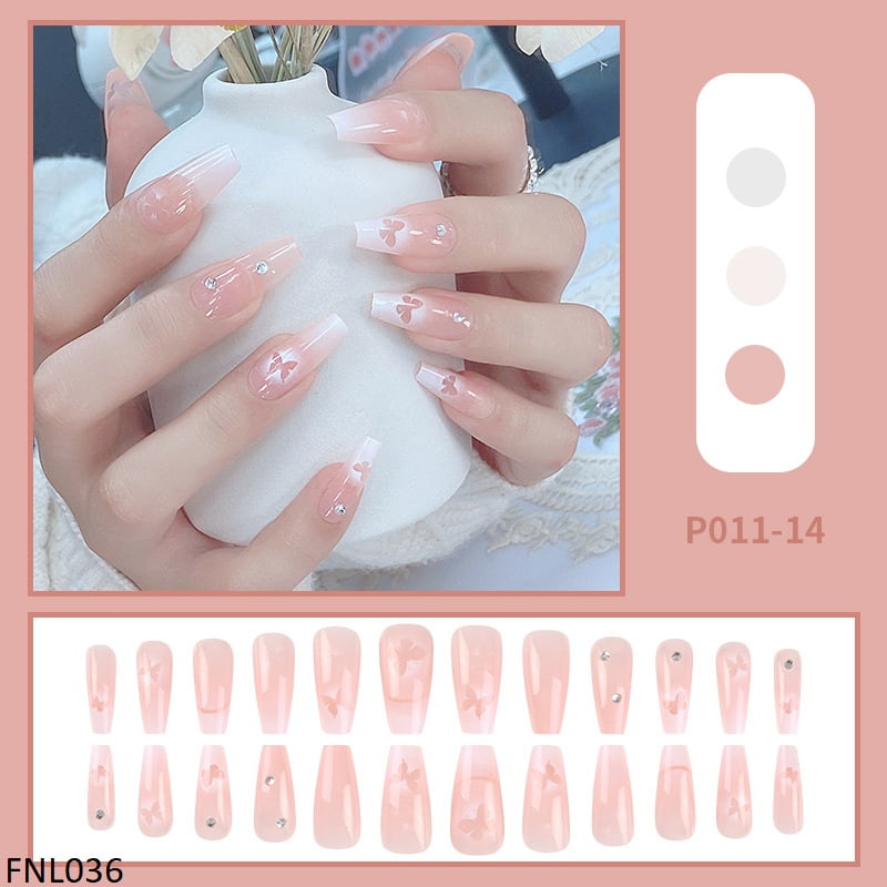 FNL036 PNA Print Butterfly Almond Style Fake Nail Set 24Pcs - FNL