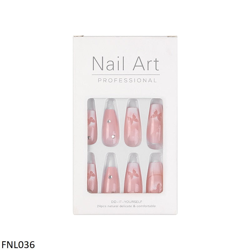 FNL036 PNA Print Butterfly Almond Style Fake Nail Set 24Pcs - FNL