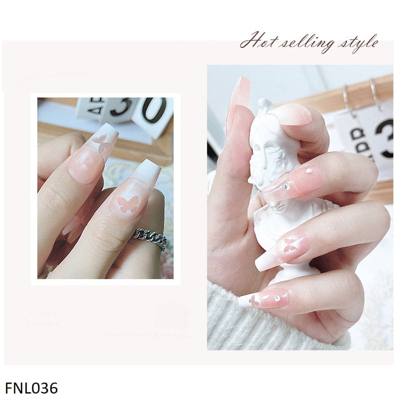 FNL036 PNA Print Butterfly Almond Style Fake Nail Set 24Pcs - FNL