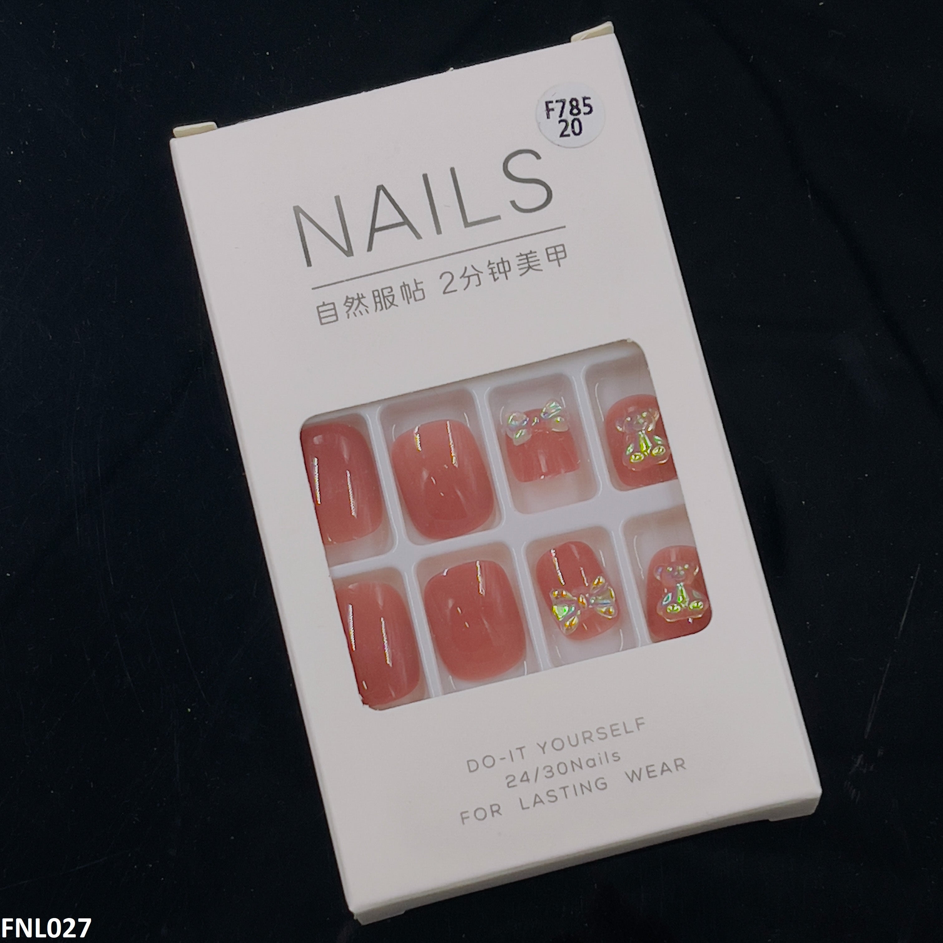 FNL027 PNA Teddy Bear/Tie Style Rounded Fake Nail Set 24Pcs - FNL