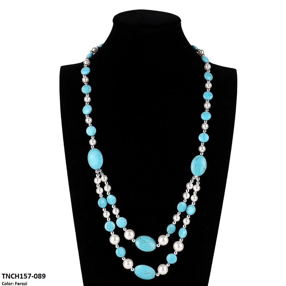 TNCH157 MHJ  Layer Faroza & Pearl  Beads Necklace - TNCH