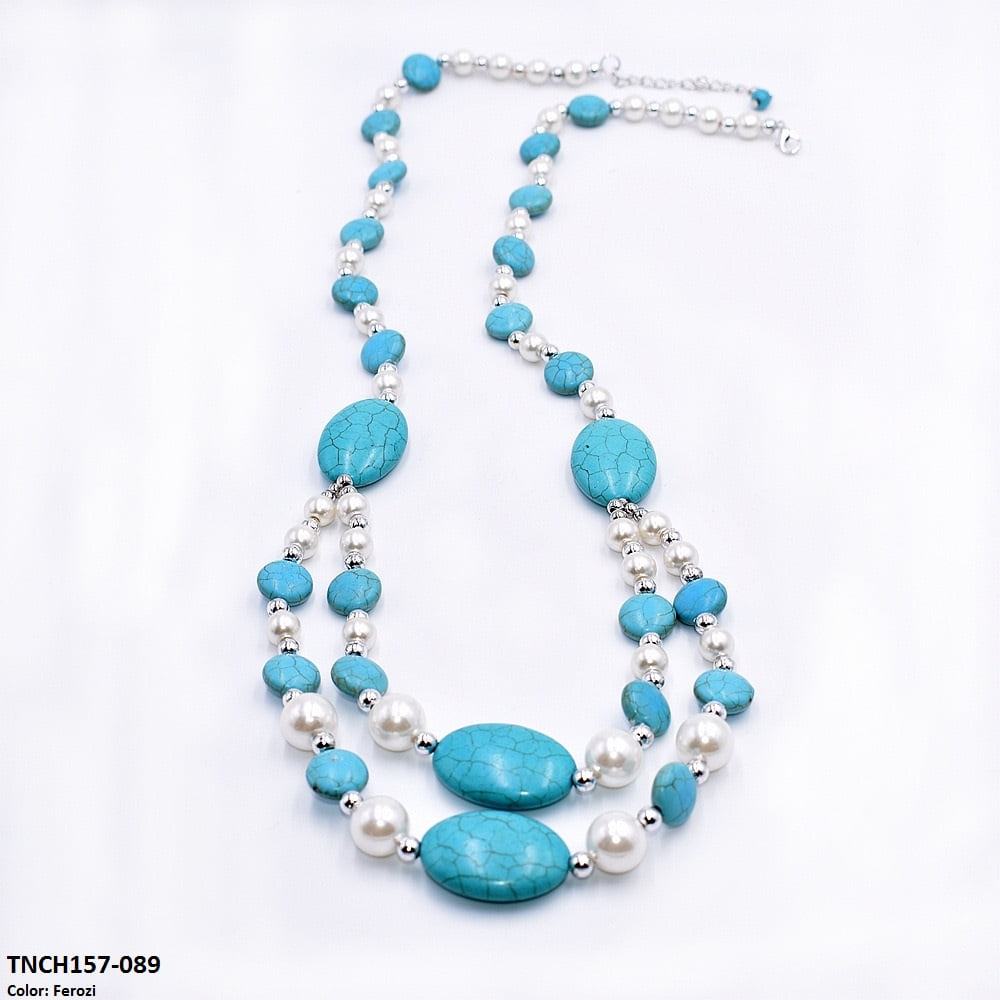 TNCH157 MHJ  Layer Faroza & Pearl  Beads Necklace - TNCH