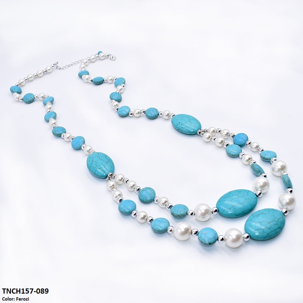 TNCH157 MHJ  Layer Faroza & Pearl  Beads Necklace - TNCH