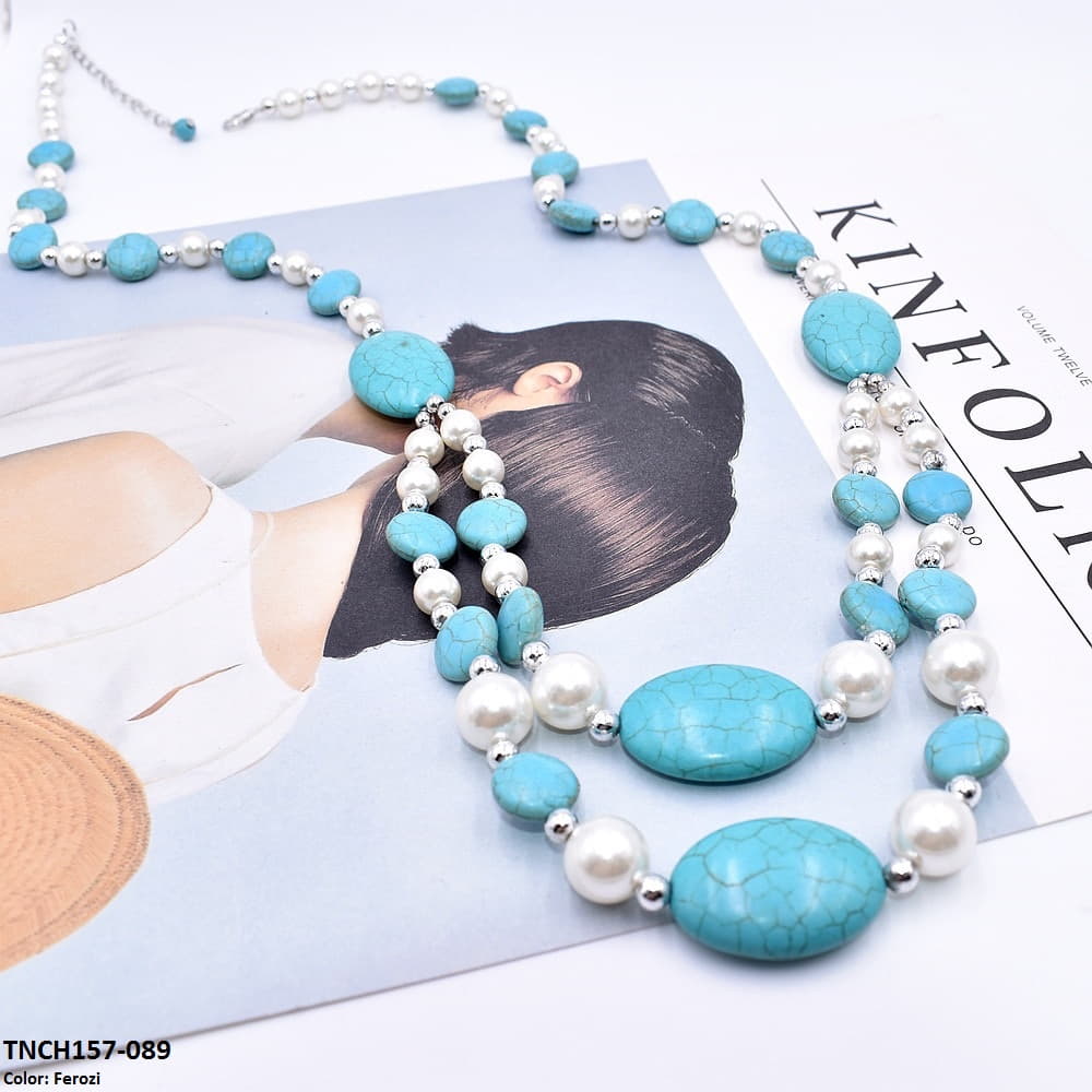 TNCH157 MHJ  Layer Faroza & Pearl  Beads Necklace - TNCH