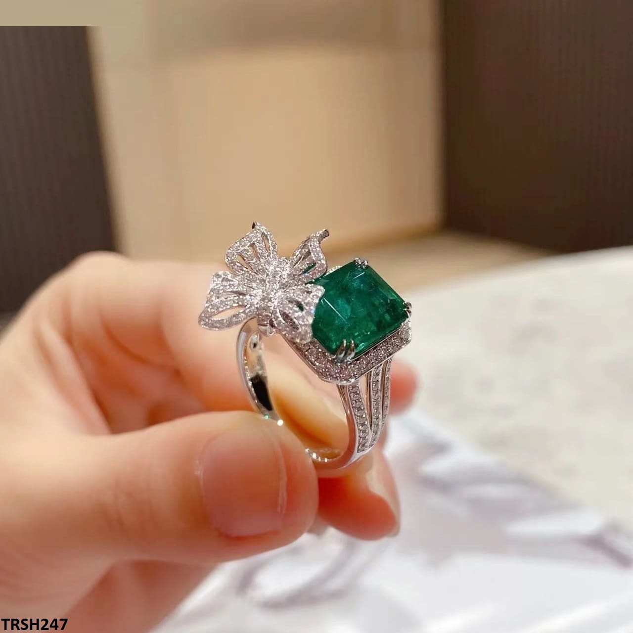 TRSH247 CJD Greenish Square Step Butterfly Adjustable Ring - TRSH